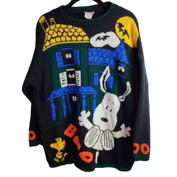 Snoopy & Friends Sweaters - Snoopy & Friends Vintage Halloween Haunted House Snoopy Woodstock Sweater Size L